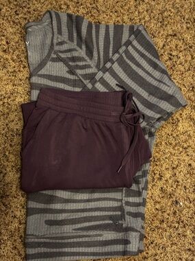 Cozy Gray Stripe Lounge Set with Mauvey-plum Joggers